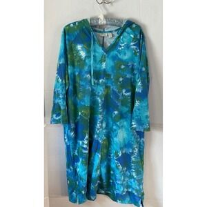 LOGO Lounge Lori Goldstein Blue Green Tie Dye Hooded Midi Dress Womens Large L